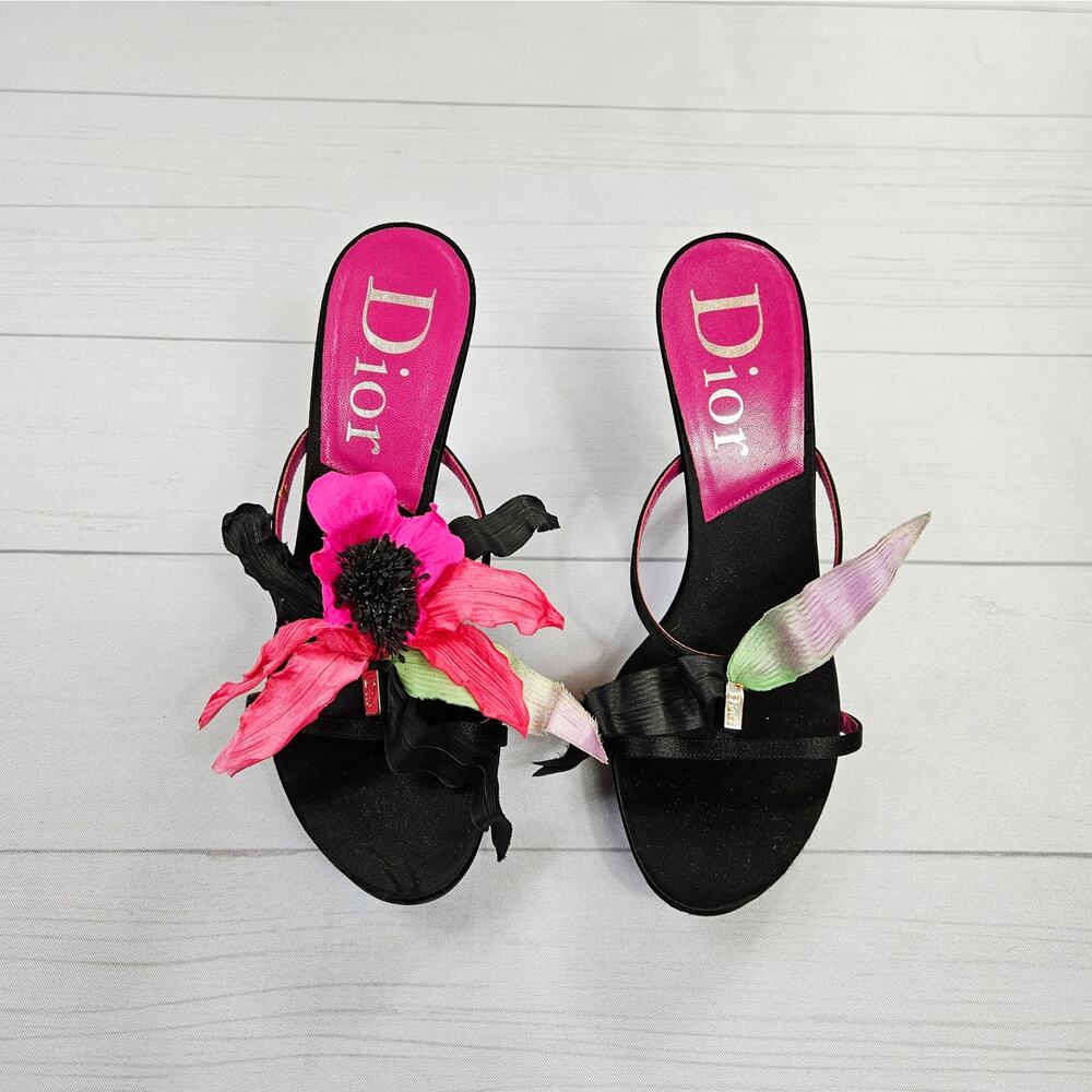Y2k Dior Heels Hawaii Glamour Mules Black Satin Flower Detail Rare - Size 37 EU - Picture 15 of 16